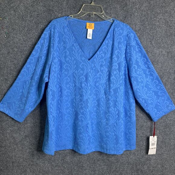 Ruby Road NWT Blue Lace Top Plus Size 1X Texture Lace 3/4 Sleeve Pullover V-Neck - Picture 1 of 10
